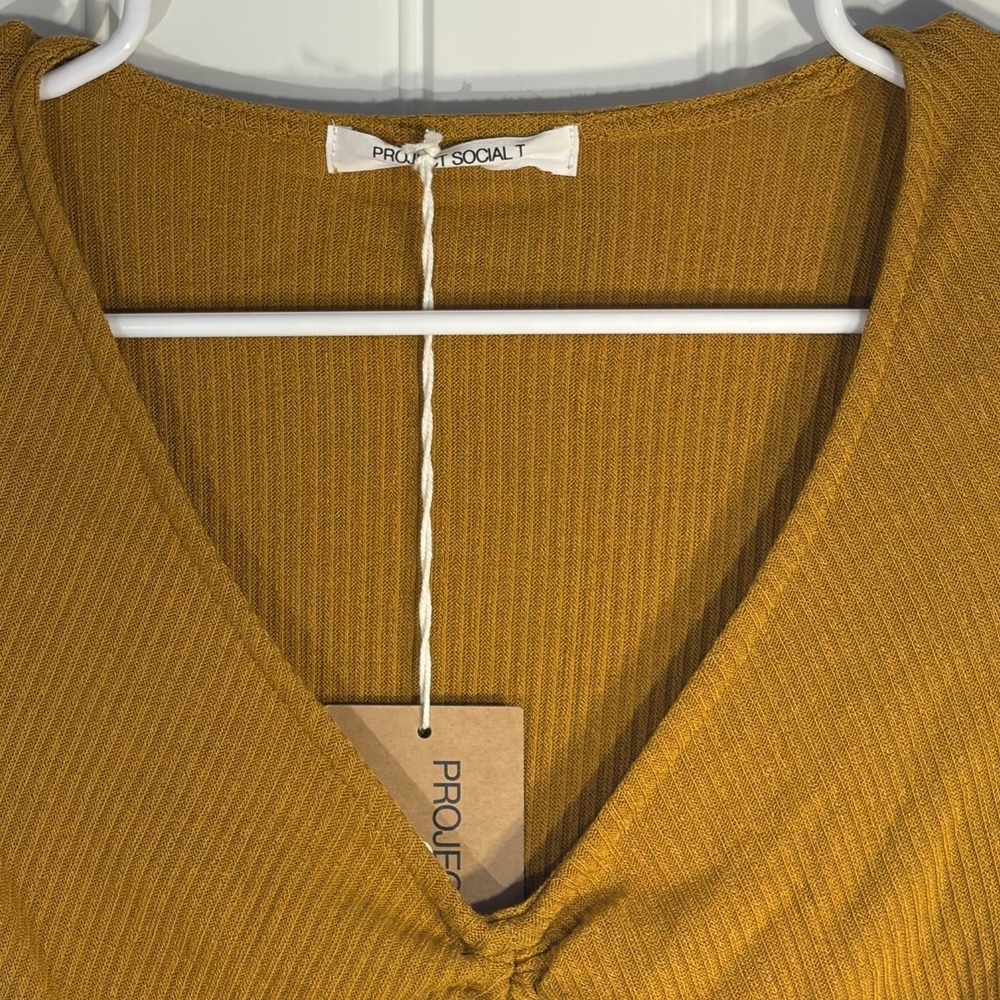 Mustard Ribbed Ruched Front Long Sleeve Top V Neck Stretch Fitted XS - Picture 2 of 4